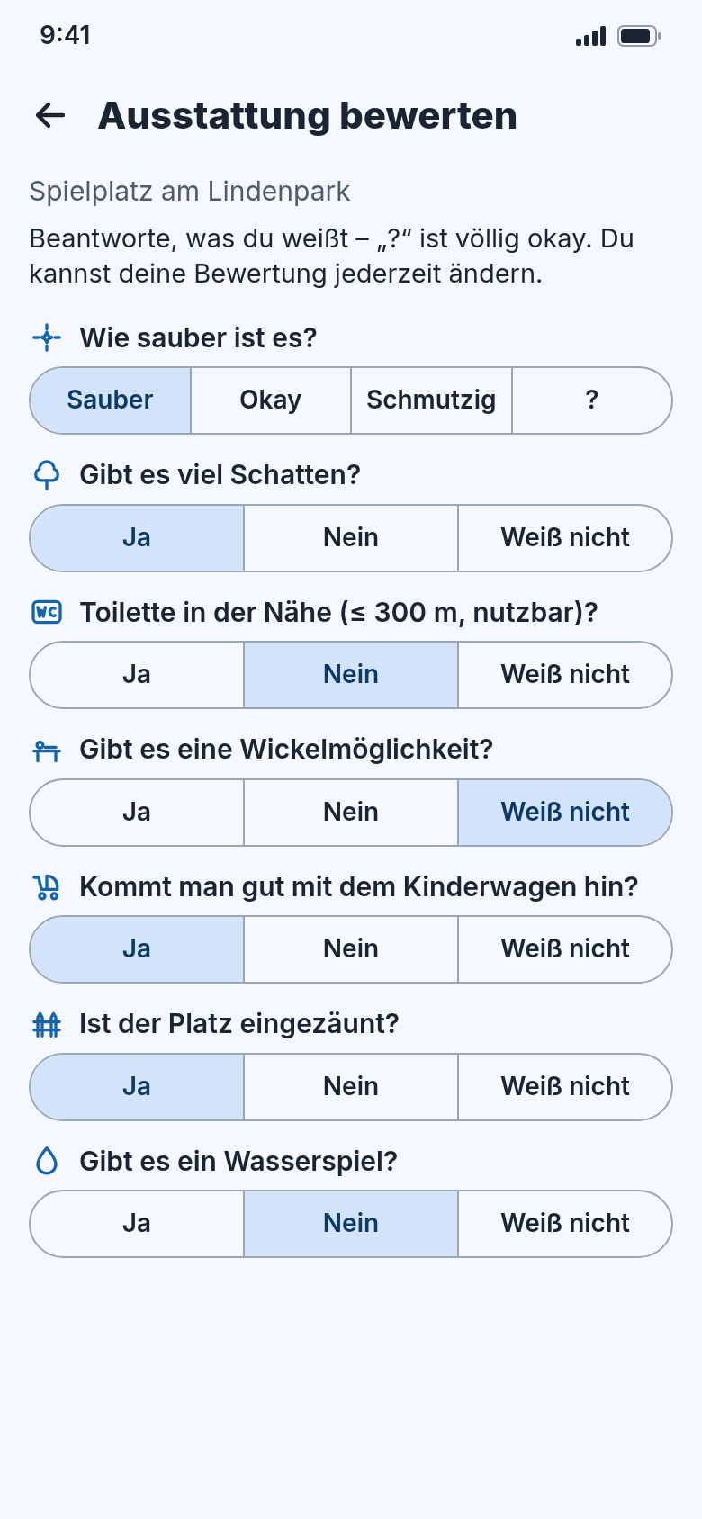 Bewertung als Checkliste: Sauberkeit, Schatten, Toilette, Wickeln, Kinderwagen, Zaun und Wasserspiel mit Ja, Nein oder Weiß nicht
