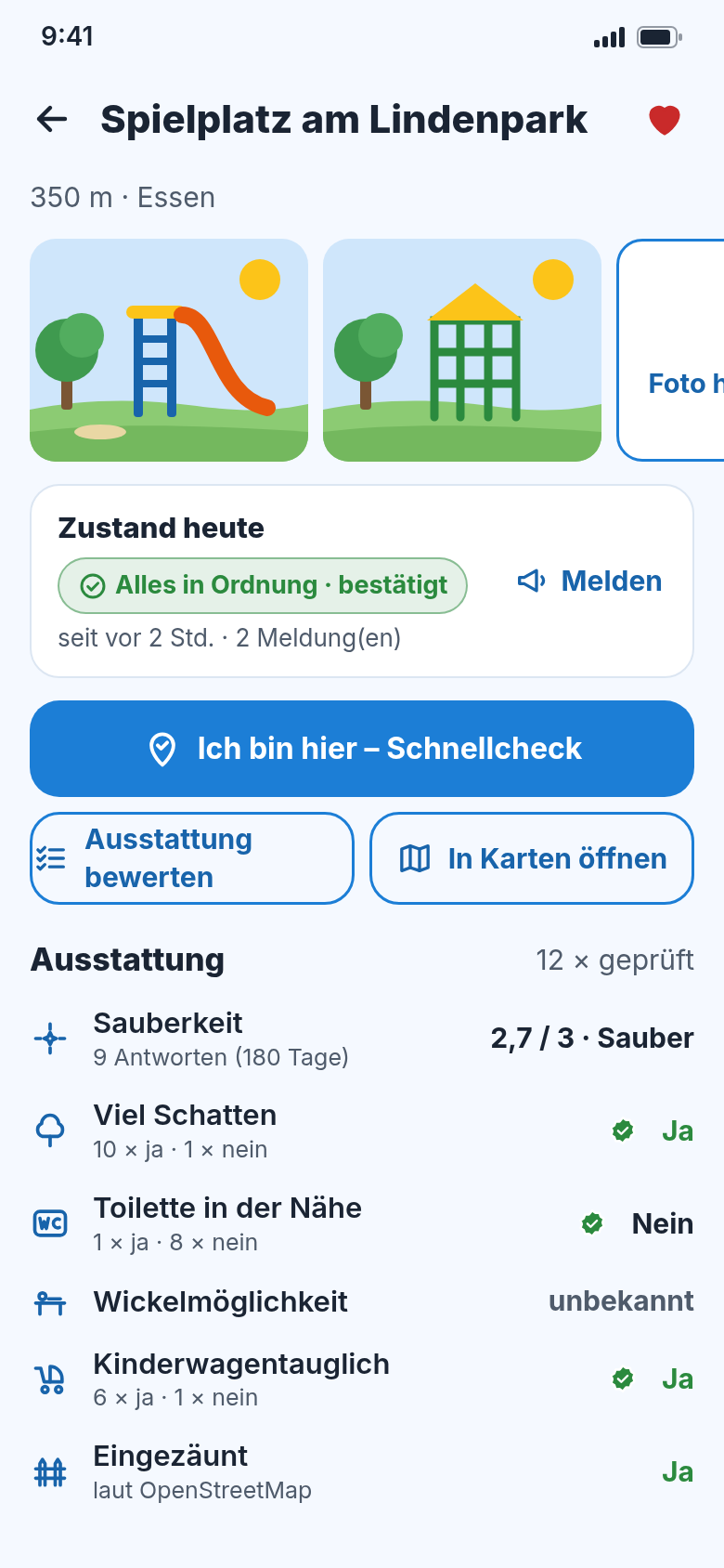 Detail eines Spielplatzes: gezeichnete Bilder von Rutsche und Klettergerüst, Zustand heute „Alles in Ordnung · bestätigt“ und die Ausstattung mit Ja/Nein-Stimmen der Eltern