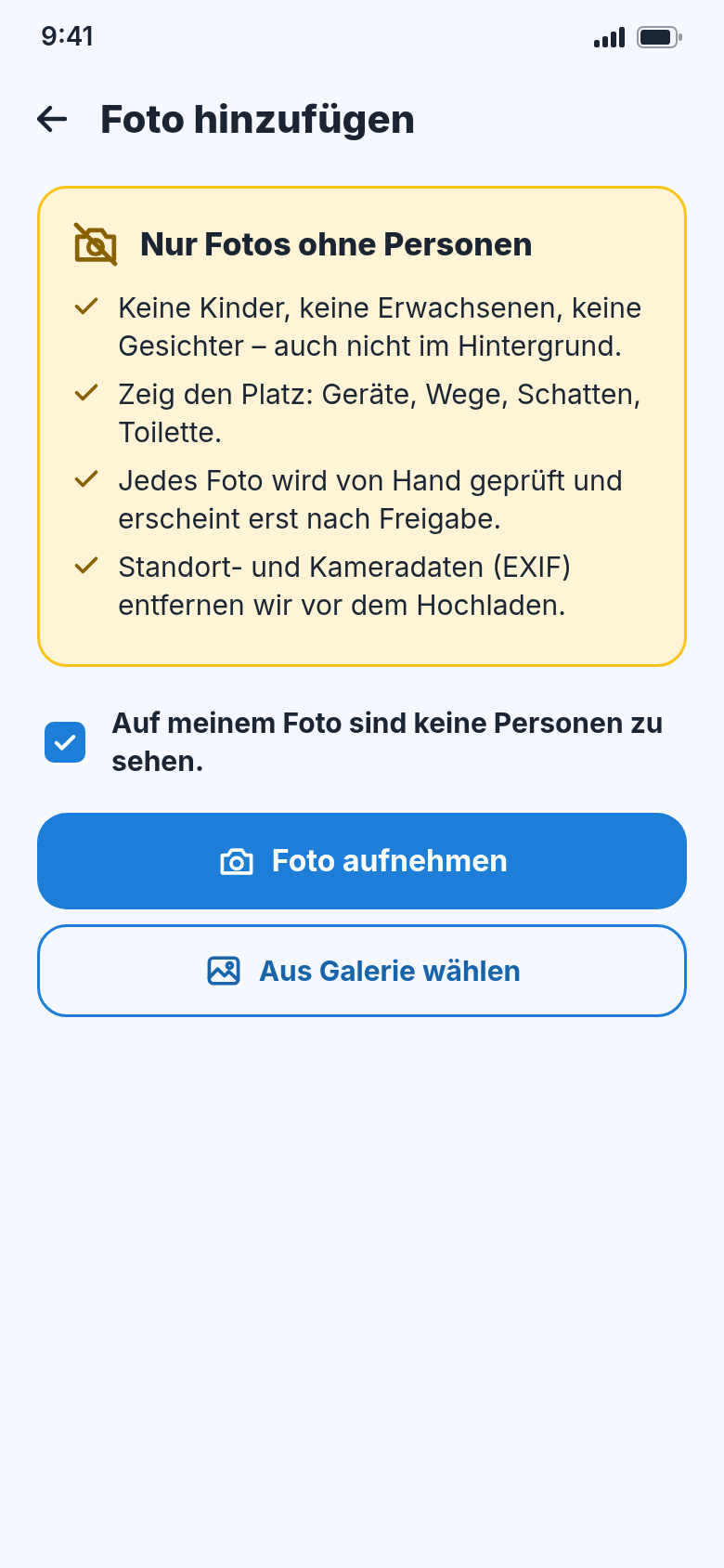 Foto hinzufügen: Hinweis „Nur Fotos ohne Personen“, Bestätigung und Knöpfe für Kamera und Galerie